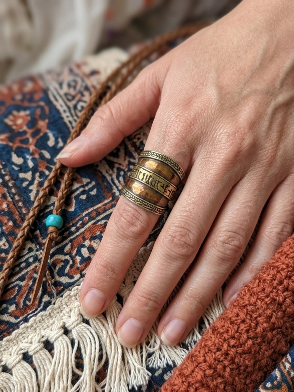 Tibetan Vintage Mantra Ring Mixed Metal Wide Cuff Boho Statement Adjustable